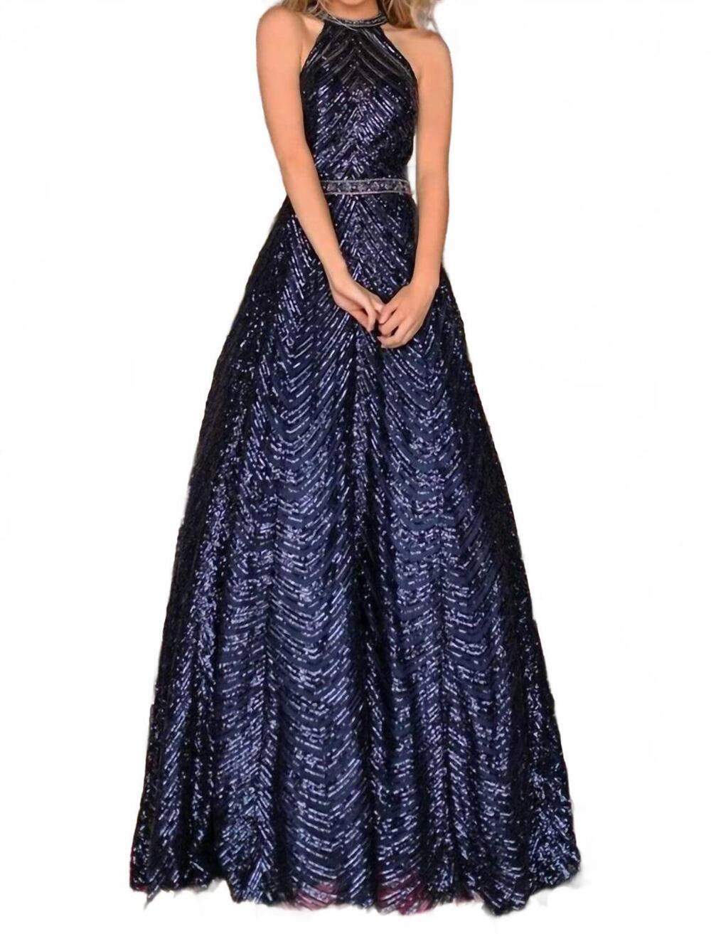 NEW CLARISSE sequined halter a-line prom dress in navy